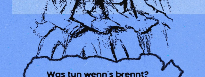 Sharepic mit schwarzer Schrift auf blauem Grund. Die Überschrift "BANDEN BILDEN. Aktivistische Bildungsreihe Darmstadt" wird optisch angestrahlt, sodass sie einen Schatten wirft. Darunter sind vier Personen mit entschlossenen Gesichtsausdrücken gezeichnet, die sich gegenseitig unterhaken und so eine stabile Mauer aus Körpern bilden. Weitere Glieder in der Menschenkette sind am Bildrand angedeutet. Unten stehen der Titel des Vortrags "Was tun wenn's brennt? Rechtshilfe für Aktionen" und die Daten zur Veranstaltung: 21.07.2025, 20 Uhr, Oetinger Villa, Darmstadt. Ein hervorgehobenes Element lädt um 19 Uhr zur Küfa ein. In der Ecke stehen die Logos der Roten Hilfe, des OAT und des BgR Darmstadt.