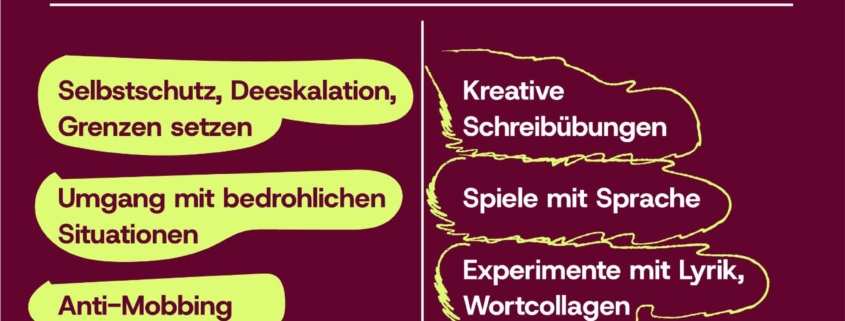 Plakat zur Veranstaltung Fight & Write: Selbstverteidigung & Kreatives Schreiben. Das Design ist geprägt von einen Farbkontrast zwischen grellem Grün-Gelb und dem BgR-Weinrot. Zuoberst stehen die Eckdaten: Knabenschule Darmstadt. 27. September 2025, 11 bis 16 Uhr. Unter dem Titel sind verschiedene Inhalte aufgelistet. In grob gezeichneten Blasen steht links alles, das direkt mit Selbstverteidigung zu tun hat: Selbstschutz, Deeskalation, Grenzen setzen. Umgang mit bedrohlichen Situationen. Anti-Mobbing. Übungen und Auswege, um Angriffe zu vermeiden oder notfalls abzuwehren. Krakelig umrandet stehen rechts Inhalte zu Kreativem Schreiben: Kreative Schreibübungen. Spiele mit Sprache. Experimente mit Lyrik, Wortcollagen. Auseinandersetzung mit Figurenentwicklung und Dramaturgie, Schreibstil und Erzählperspektiven. Unten folgen ein QR-Code zur Veranstaltungsseite der BgR-Website sowie das Logo des BgR Darmstadt und des AStA der Hochschule Darmstadt. Der Titel der Veranstaltungsreihe ist "Trotz dem Rechtsruck". Um Anmeldung unter info@bgr-darmstadt.de wird gebeten.
