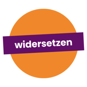 Das widersetzen-Logo besteht aus einem lila Balken, der quer über einem orange-farbenen Kreis liegt. in weißer serifenloser Schrift steht darauf widersetzen geschrieben.